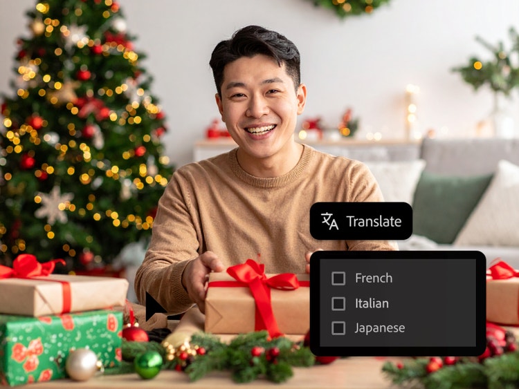 Smiling man sitting at a table with wrapped holiday gifts and festive decorations, with a Christmas tree in the background and a translation menu overlay showing language options.