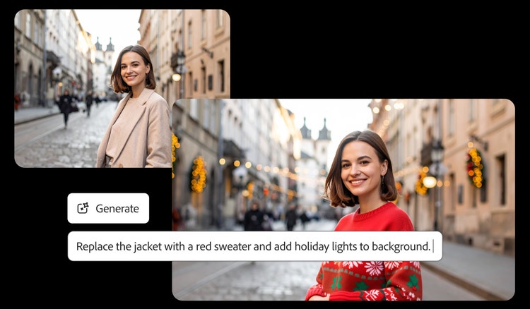 Before-and-after example of an AI photo generation in Adobe Firefly. On the left, a woman wearing a beige jacket stands on a city street. On the right, the same woman is shown wearing a red holiday sweater with festive lights added to the background.