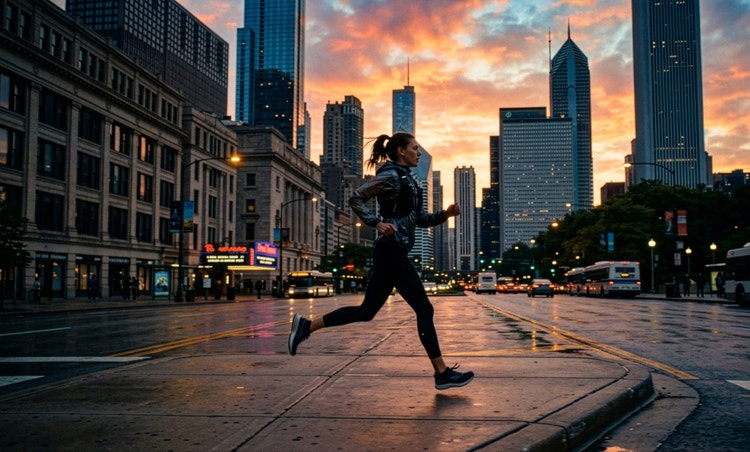 Runner crossing a downtown city street at sunset with skyscrapers and glowing clouds in the background.