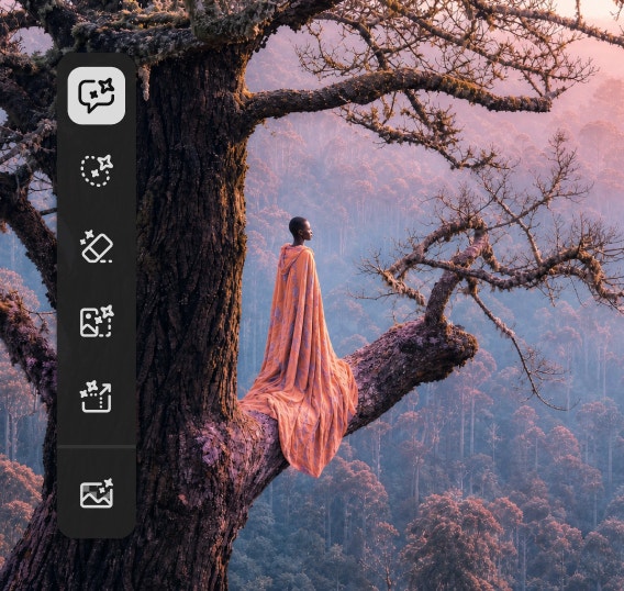 Firefly interface displaying image editing tools alongside a surreal scene of a figure draped in flowing fabric standing on a tree branch. The interface demonstrates generating and refining multiple creative variations across AI models without leaving the Firefly workspace.
