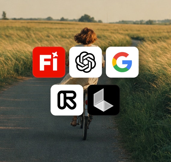 Firefly interface showing a cyclist riding along a rural road with icons representing multiple AI partner models overlaid on the image. The visual illustrates using different AI models together to generate, refine, and compare creative outputs in a unified workflow.