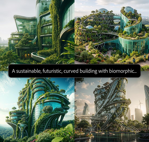 Firefly interface showing four AI-generated concepts of a futuristic, plant-covered building arranged in a comparison grid. A shared prompt highlights how multiple AI model outputs can be reviewed side by side to evaluate different creative directions.