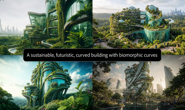 Firefly interface showing four AI-generated concepts of a futuristic, plant-covered building arranged in a comparison grid. A shared prompt highlights how multiple AI model outputs can be reviewed side by side to evaluate different creative directions.