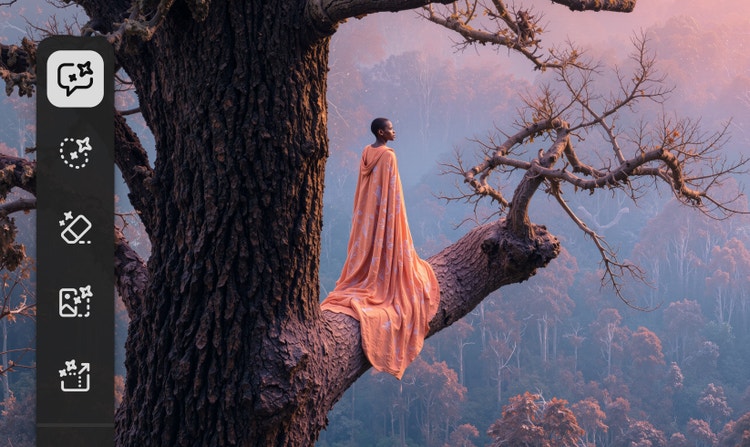 Firefly interface displaying image editing tools alongside a surreal scene of a figure draped in flowing fabric standing on a tree branch. The interface demonstrates generating and refining multiple creative variations across AI models without leaving the Firefly workspace.