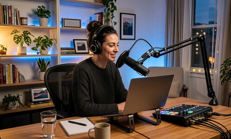 Person wearing headphones speaking into a microphone at a home podcast recording setup with a laptop, audio mixer, and bookshelf in the background.