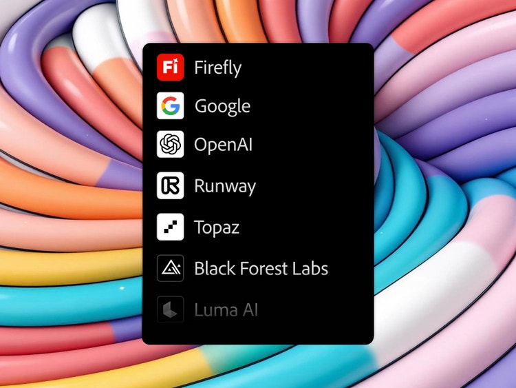 Firefly interface displaying a menu of available AI partner models, including Firefly, Google, OpenAI, Runway, Topaz, and Black Forest Labs, over a colorful abstract background. The model selector illustrates how creators can switch between multiple AI models within a single creative workflow.