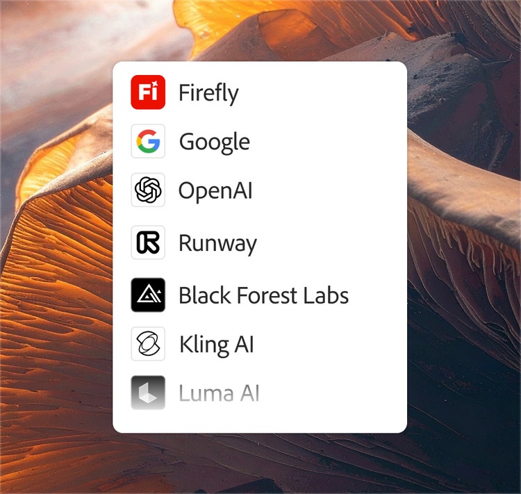 AI-generated image created with Ideogram showing a list of AI tools including Firefly, Google, OpenAI, Runway, Black Forest Labs, and Luma AI.