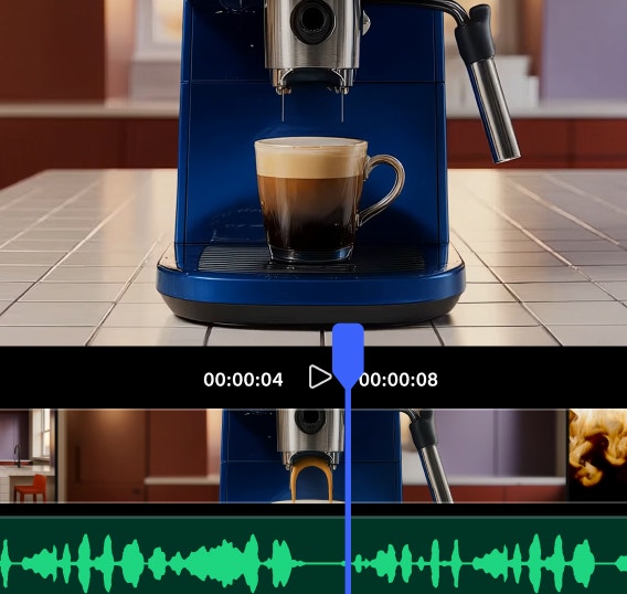 Firefly interface showing a video editing timeline with a coffee machine pouring espresso into a cup. Playback controls, audio waveforms, and video clips demonstrate an integrated editing workspace for creating and refining videos without switching tools.