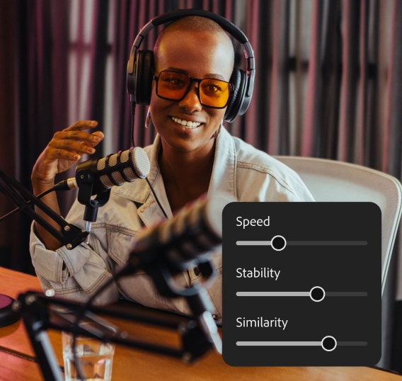 A person speaking into a podcast microphone alongside adjustable Speed, Stability, and Similarity controls. The visual demonstrates maintaining consistent AI voice characteristics across multiple voiceover projects.