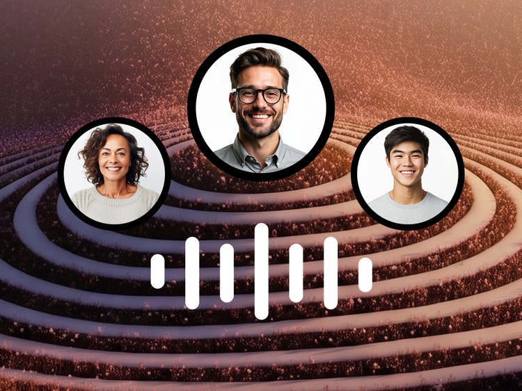 Multiple AI voice profiles represented by portrait thumbnails above an audio waveform. The visual illustrates selecting, comparing, and organizing different AI-generated voices within a connected creative workflow for streamlined voiceover production.