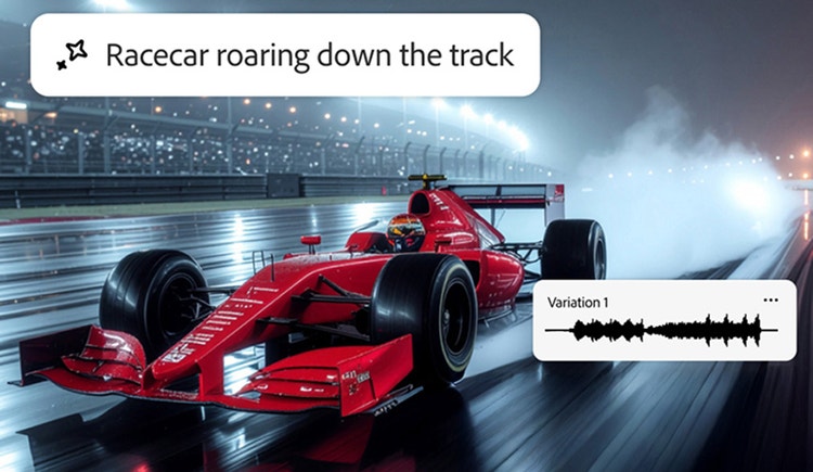 Photo of a red race car with audio waveform overlays suggesting use of a sound effect generator to sync motor audio.