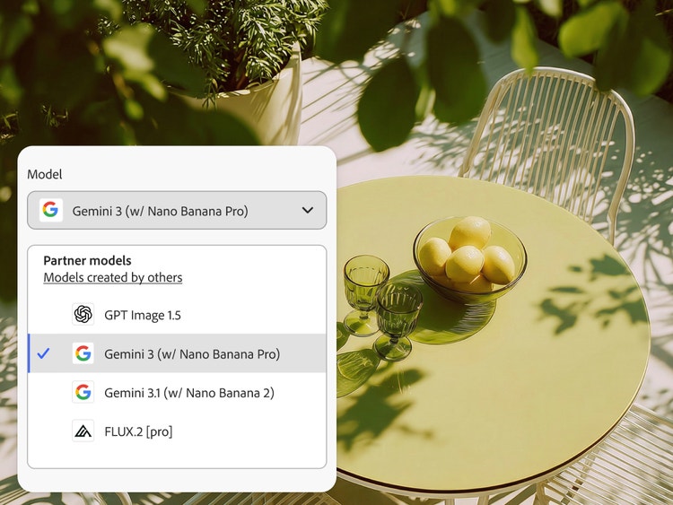 An image of an empty table, viewed from above, outdoors on a sunny day with a bowl of limes and two empty glasses atop it. To the left is UI selecting Gemini 3 (w/ Nano Banana Pro) as the available model.