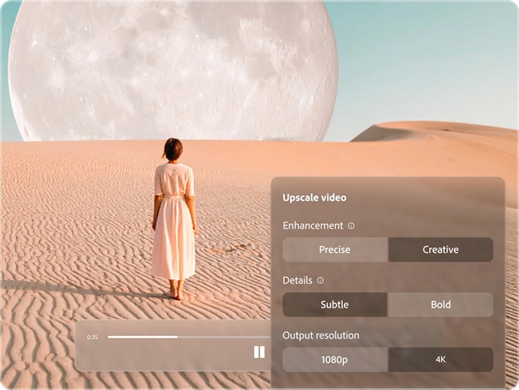 A woman in white with her back to camera stands in a desert facing a giant moon on the horizon. Topaz Atra upscaling options are shown in foreground.