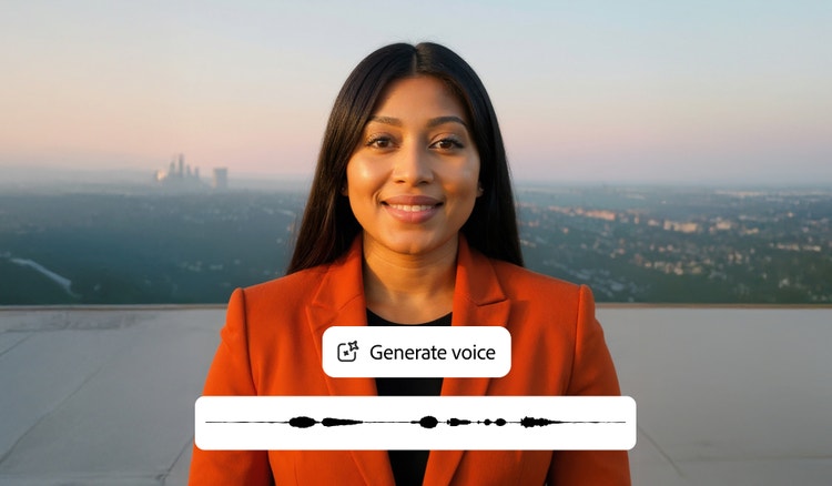 AI-generated avatar of a smiling woman in an orange blazer standing centered against a hazy city skyline at sunset, with an audio waveform and a “Generate voice” button overlaid on the image.