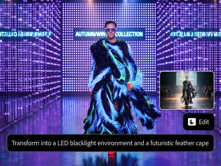 https://main--cc--adobecom.aem.live/cc-shared/assets/firefly/video/luma-ai/media_1ec301f59dba6c2bc6de0d2bd767689d6c04806c3.mp4#_autoplay | Firefly interface displaying a fashion runway video transformed into a futuristic scene with a glowing LED backdrop and a dramatic feathered cape. An on-screen prompt reading "Transform into a LED backlight environment and a futuristic feather cape" and an edit preview illustrate how Luma AI can restyle existing videos with natural language instructions.