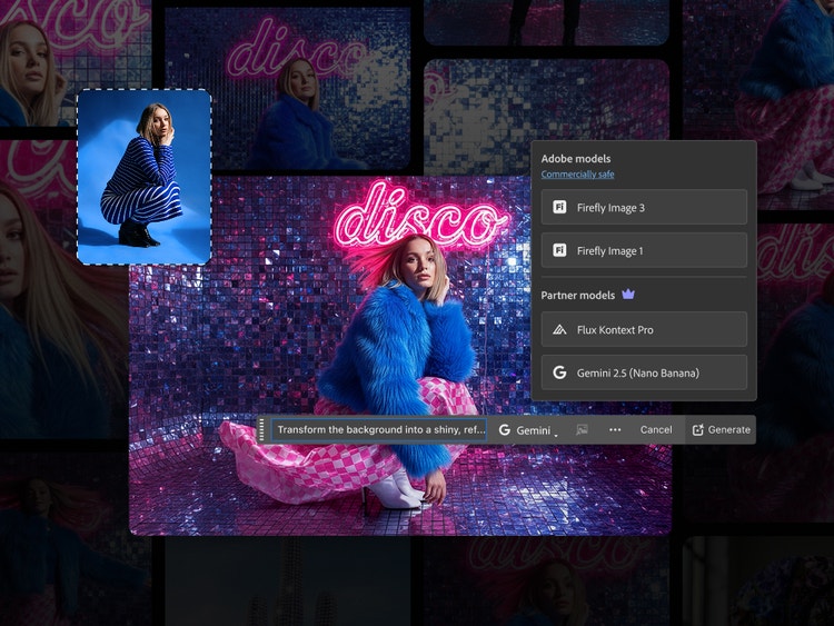 AI-edited image by Gemini 2.5 Flash showing a person in a blue fur coat and pink pants sitting in front of a shiny, reflective background with neon pink 'disco' lights, alongside an overlay menu featuring model options including 'Gemini 2.5 (Nano Banana)'