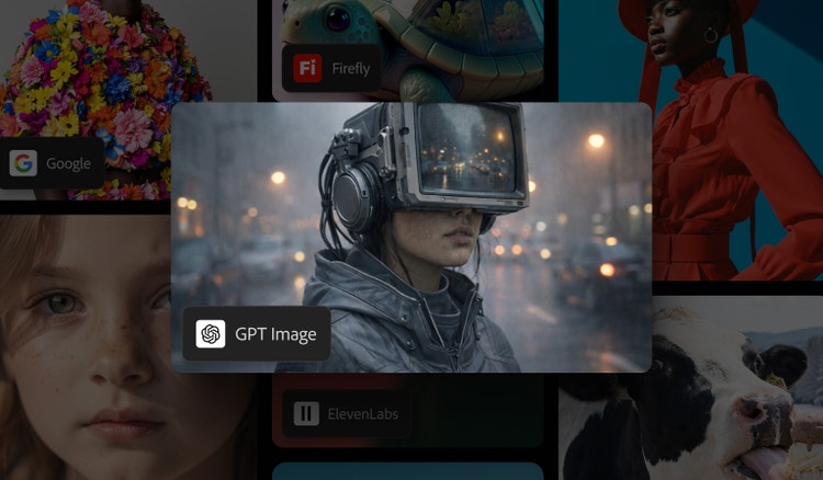 A person on a gray city street wearing a cyberpunk helmet with a video screen over their eyes. Image generated by GPT in Firefly.