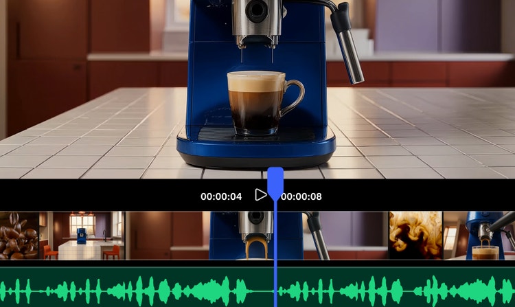 Firefly interface showing a video editing timeline with a coffee machine pouring espresso into a cup. Playback controls, audio waveforms, and video clips demonstrate an integrated editing workspace for creating and refining videos without switching tools.