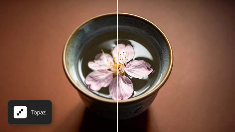 AI generated image featuring a split image of a cherry blossom in a bowl. The right side of the image is sharper thanks to Topaz Astra video upscaler.