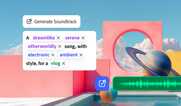 Surreal pastel scene with geometric shapes, clouds, and a ringed planet, overlaid with a music generation interface showing prompt tags and an audio waveform preview.