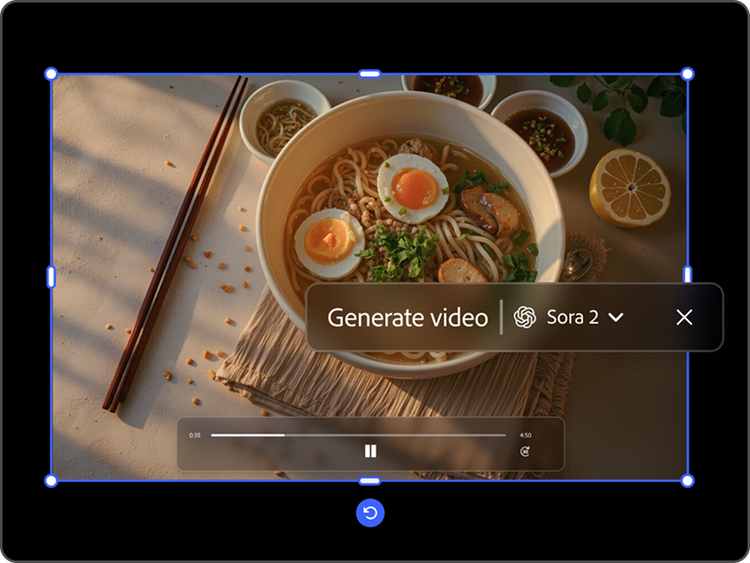 Video still of a bowl of ramen with hardboiled egg on a table with condiments and chopsticks, overlayed with the Generate Video toolbar.
