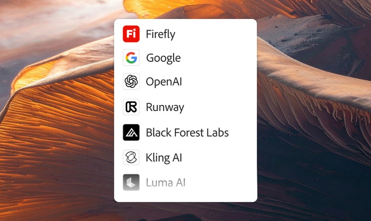 A partial list of the AI models available in Firefly, including Firefly, Google, OpenAI, Runway, Black Forest Labs, Luma AI, and Ideogram.