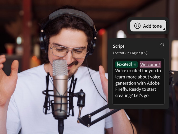 Firefly interface displaying a person speaking into a studio microphone while wearing headphones, alongside a script editor with text tags and tone controls. The workspace illustrates directing AI voice performance by adjusting emotion, emphasis, pacing, and delivery for realistic voiceover generation.