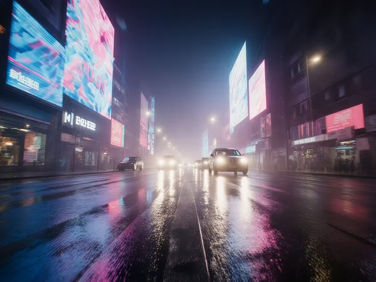 https://main--cc--adobecom.aem.live/cc-shared/assets/firefly/video/luma-ai/media_166d2f37f07e853b6b83a1a867a779a43bad9d852.mp4#_autoplay | Firefly interface displaying a cinematic nighttime city street with rain-soaked pavement reflecting colorful neon lights and approaching cars. The video preview illustrates generating realistic, high-quality video from text prompts, images, or existing footage using Luma AI within Firefly.