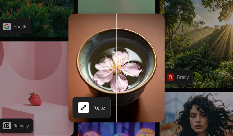Collage featuring a split image of a cherry blossom in a bowl. The right side of the image is sharper thanks to Topaz Astra video upscaler.