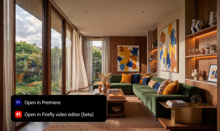 https://main--cc--adobecom.aem.live/cc-shared/assets/firefly/video/luma-ai/media_1bb550e433625178bd6e1478416dc4ae9fc17bd6a.mp4#_autoplay | Firefly interface displaying a modern living room video with options to open the project in Firefly or Adobe Premiere Pro. The workflow illustrates moving AI-generated content seamlessly into professional editing applications for further refinement.