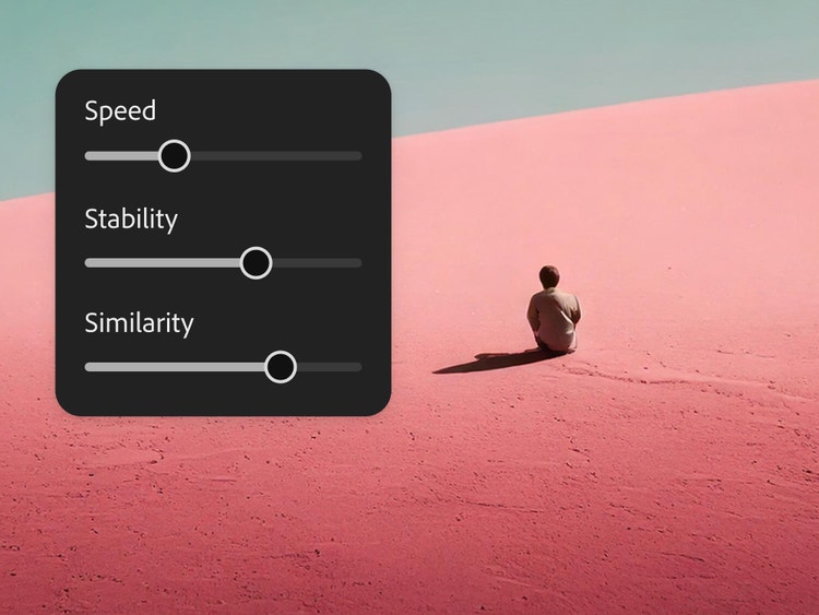 Firefly interface showing a minimalist landscape with a person sitting on pink sand beneath a pale sky. Adjustable sliders for Speed, Stability, and Similarity illustrate fine-tuning AI voice generation settings to control pacing, consistency, and vocal characteristics for natural-sounding speech across multiple languages.