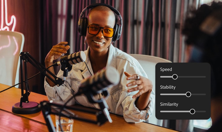 A person speaking into a podcast microphone alongside adjustable Speed, Stability, and Similarity controls. The visual demonstrates maintaining consistent AI voice characteristics across multiple voiceover projects.