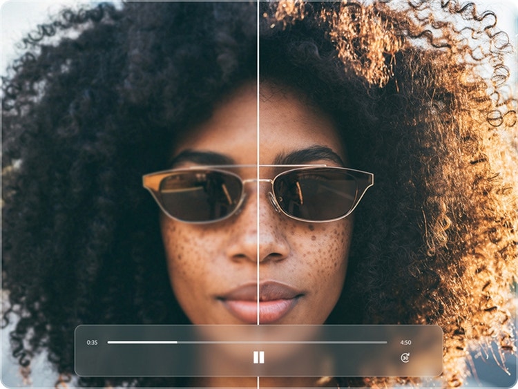 Split video still of a person with curly dark brown hair. After Topaz Astra upscaling, freckles and strands of hair are more clearly defined.