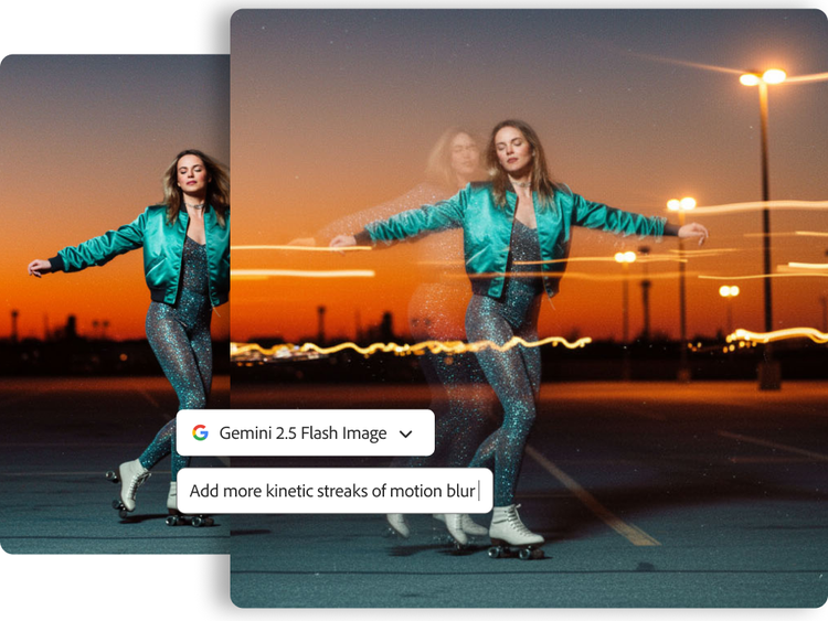AI-generated image by Gemini 2.5 Flash showing a person roller skating in an outdoor parking lot at dusk, wearing a shiny teal jacket and glittery pants