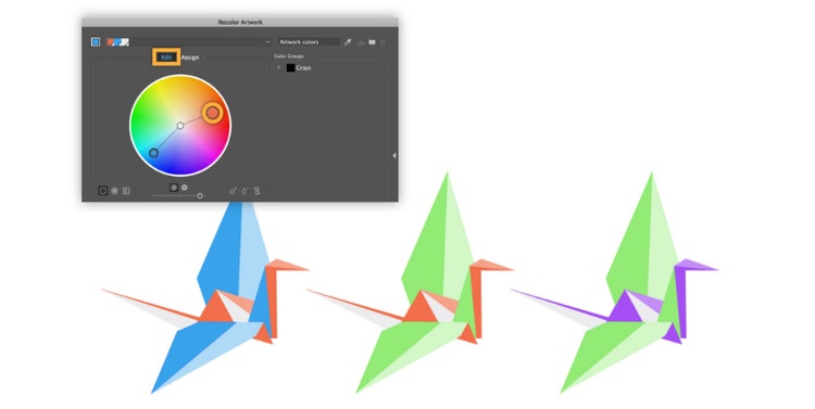 A 3D paper crane design in three color options