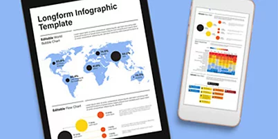 Infographic designs for Adobe Illustrator displayed on a tablet and mobile phone