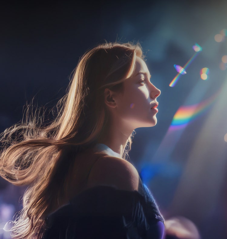 AI generated image of a person with long flowing hair standing under dramatic stage lighting with colorful lens flares in the background.
