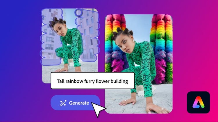 Tall rainbow furry flower building Generative Fill in Adobe Express