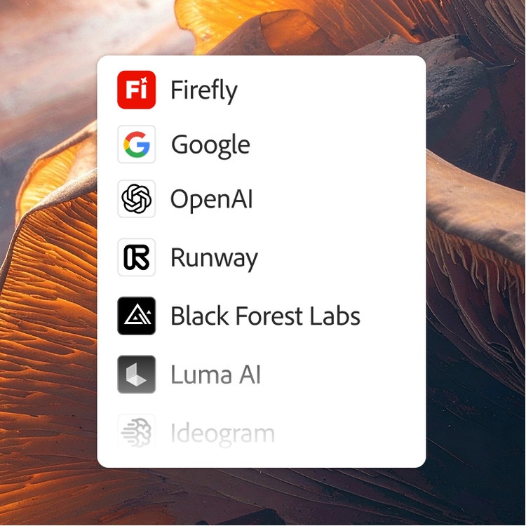 AI-generated image created with Ideogram showing a list of AI tools including Firefly, Google, OpenAI, Runway, Black Forest Labs, and Luma AI.
