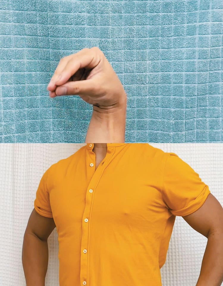 cool combination of two photos - hand puppet on top of man's chest