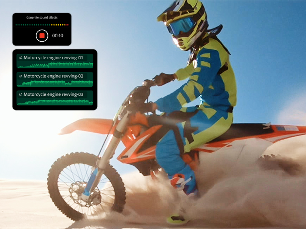 https://main--cc--adobecom.aem.page/cc-shared/assets/video/product/premiere/app/media_113f00543ad5eda76e18e10bf24fc0aba991fe56c.mp4#_autoplay | The app UI showing footage of a motorcycle with overlays of the Generate sound effect feature, the prompt "Motorcycle revving engine," and the effect being added to the timeline.