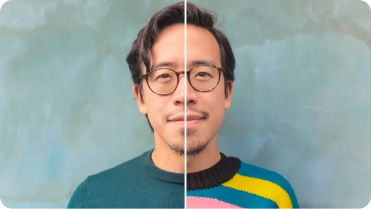 split image of a man in glasses wearing a solid and colorful striped sweater design option using generative fill