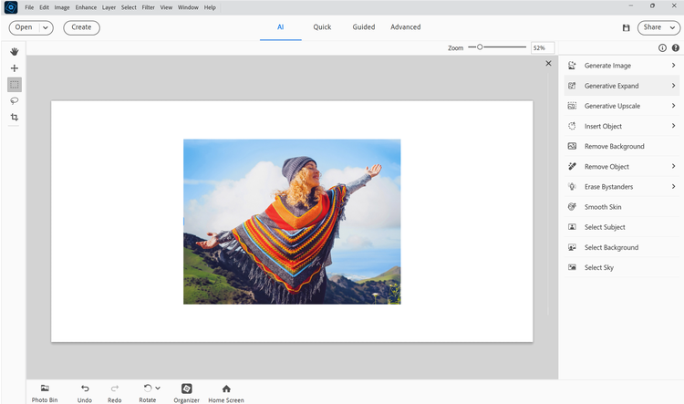 Photo opened and Generative Expand selected
