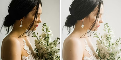 Two identical portrait photos side by side of a person in a wedding dress looking down at their flower bouquet, but the photo on the right has an Adobe Photoshop Lightroom pastel preset applied to it