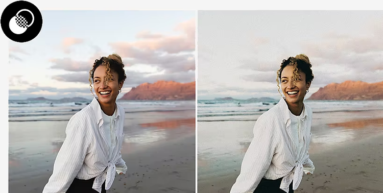 Two identical photos side by side of a person posing at the beach, but the photo on the right has a Vintage preset applied to it