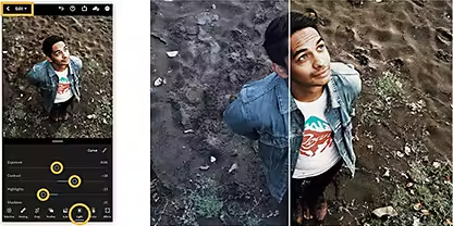 Editing a photo of an overhead view of a person outside looking up at the sky in the Adobe Photoshop Lightroom mobile app
