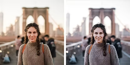 Two identical portrait photos side by side of a person on a bridge, but the photo on the right has an Adobe Photoshop Lightroom cinematic preset applied to it