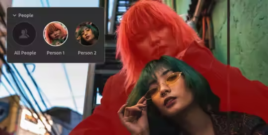 Image of person with curly hair and a studded jacket in front of a building, with the person selected in the {{lightroom}} interface.