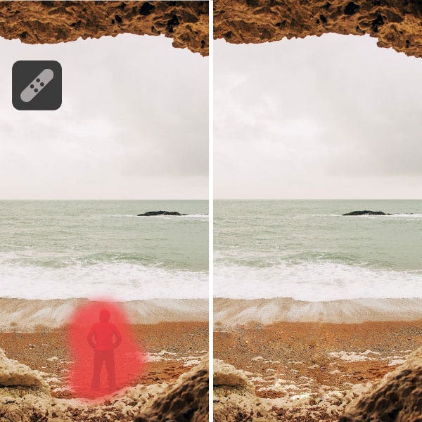 An image of a man being erased from a beach scene