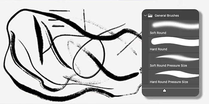 Various brush effects are trialed with a doodle in Photoshop.
